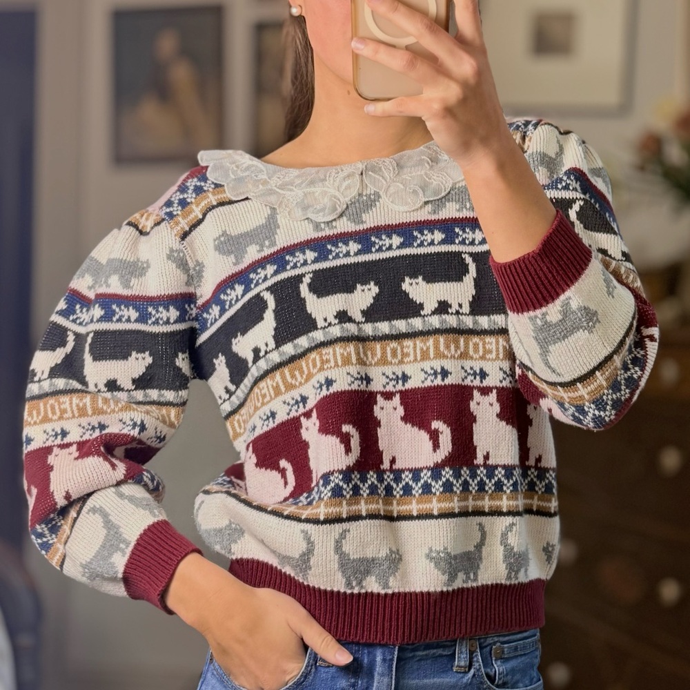 Charming Cat Patterned Sweater in Burgundy and Cream
